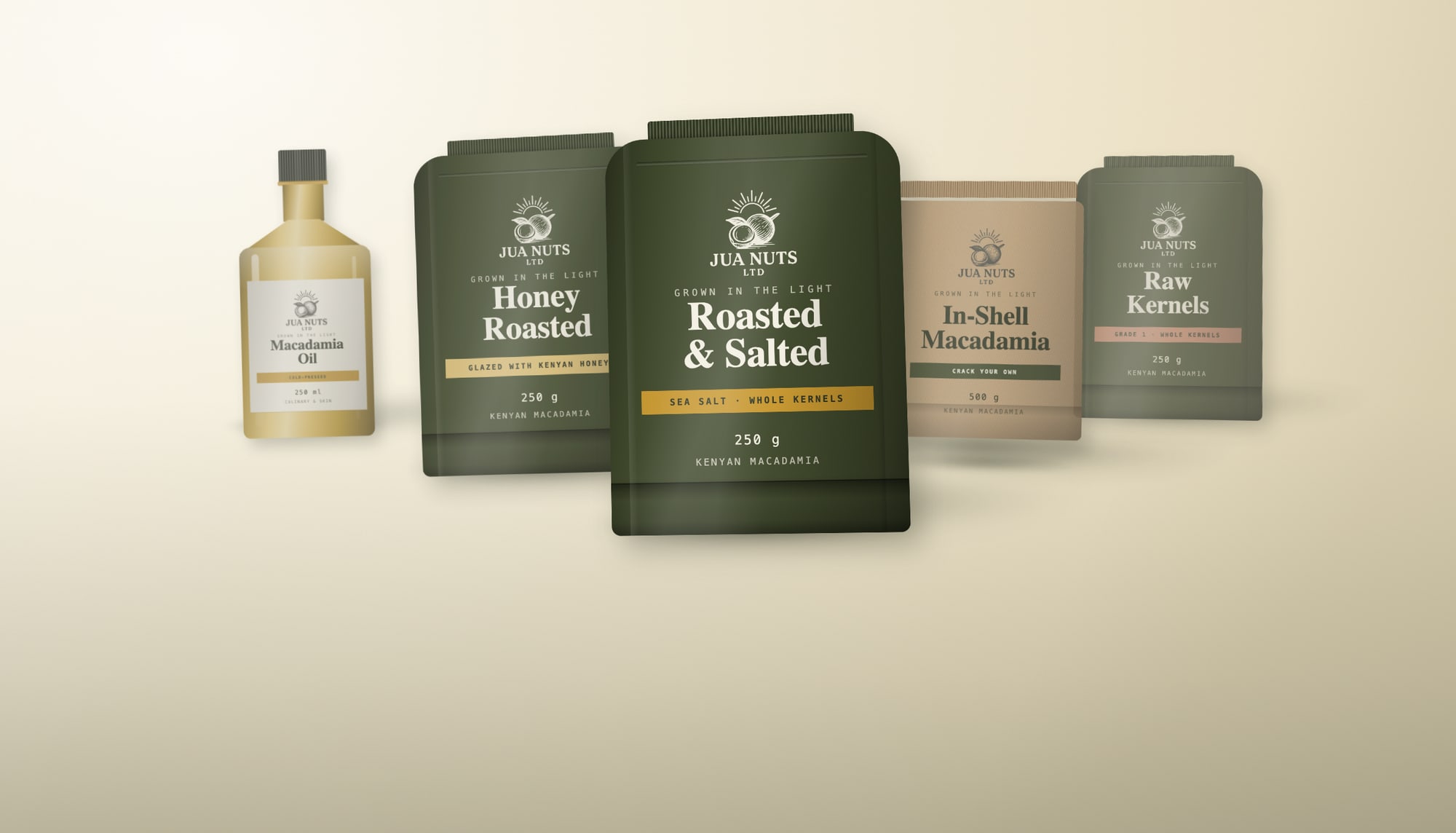 The Jua Nuts range — roasted and salted, honey roasted, in-shell, raw kernels and cold-pressed macadamia oil